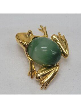 Vtg KJL Kenneth Jay Lane Gold-Tone Frog Brooch  Jade Green Jelly Belly Cabochon